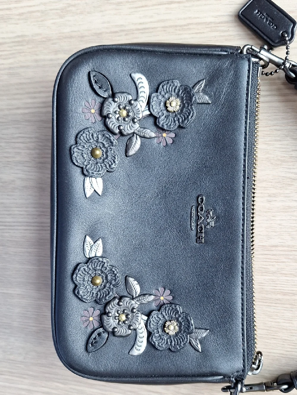 Coach Black Leather Floral Appliqué Chain Crossbody Bag